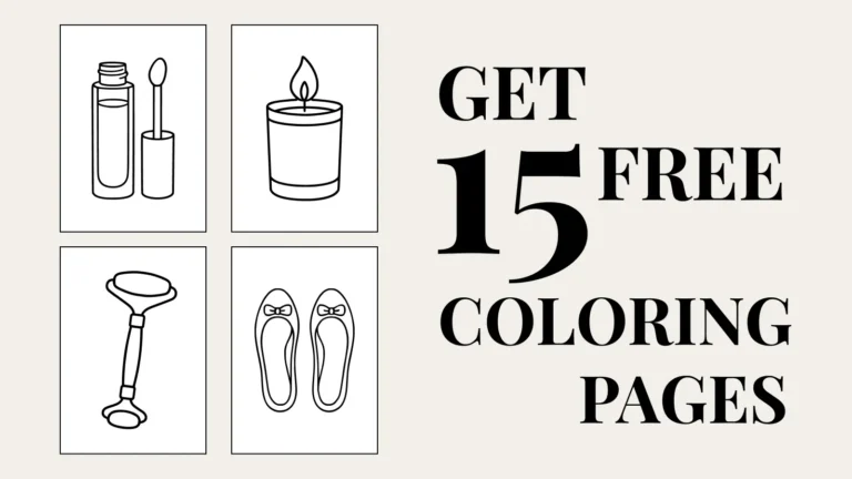 Preview of 15 free minimalist coloring pages featuring beauty items and bold black typography