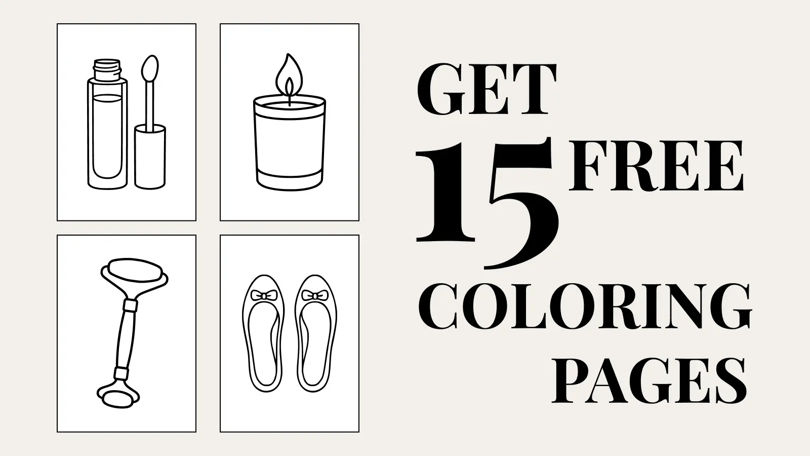 Preview of 15 free minimalist coloring pages featuring beauty items and bold black typography