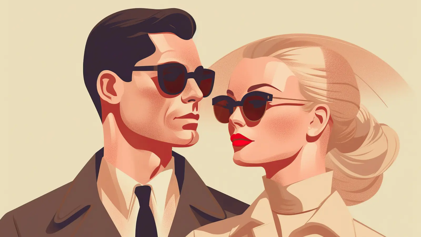 Trendy man and woman wearing glasses sitting together and smiling for a Can You See Red Flags in Relationships quiz illustration