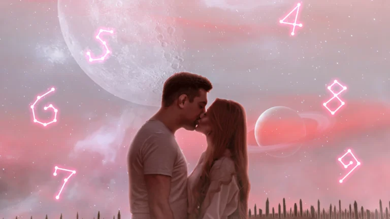 Romantic couple kissing under pink cosmic sky with glowing zodiac numbers and planets