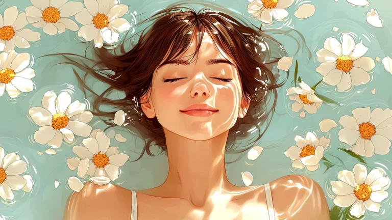 Stylish brunette woman lying in calm water with floating daisies, smiling softly, peaceful and dreamy aesthetic illustration for quiz page