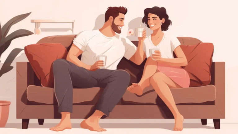 Stylish young couple sitting on a cozy couch at home, smiling and talking in a warm, intimate atmosphere