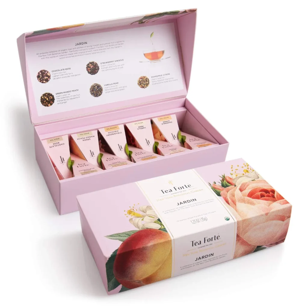 Beautiful pink tea gift set with closed and open floral box, containing assorted tea packets inside, perfect for tea lovers and gifting occasions