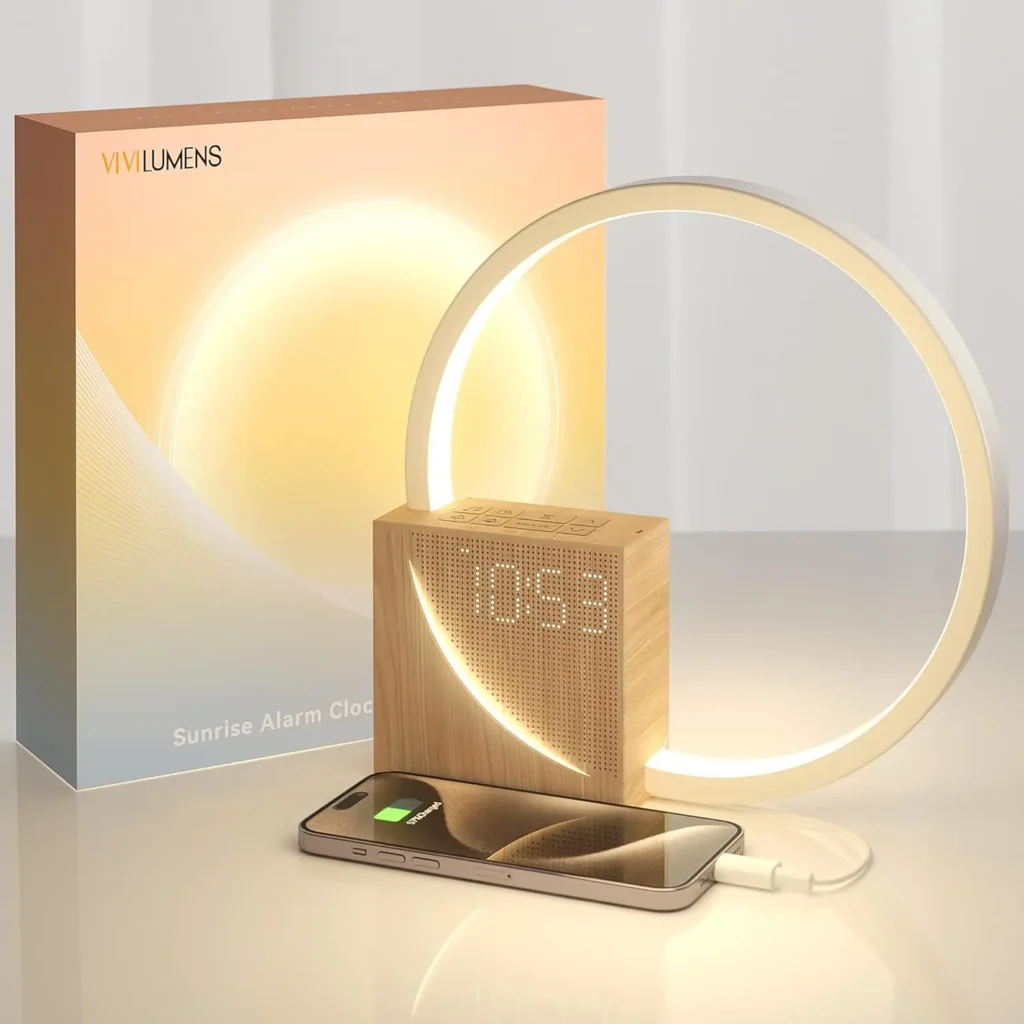 Stylish ring-shaped alarm clock with soft glow, wooden display showing time, built-in USB charging, and colorful illuminated packaging in the background, perfect for a modern and elegant bedroom setup
