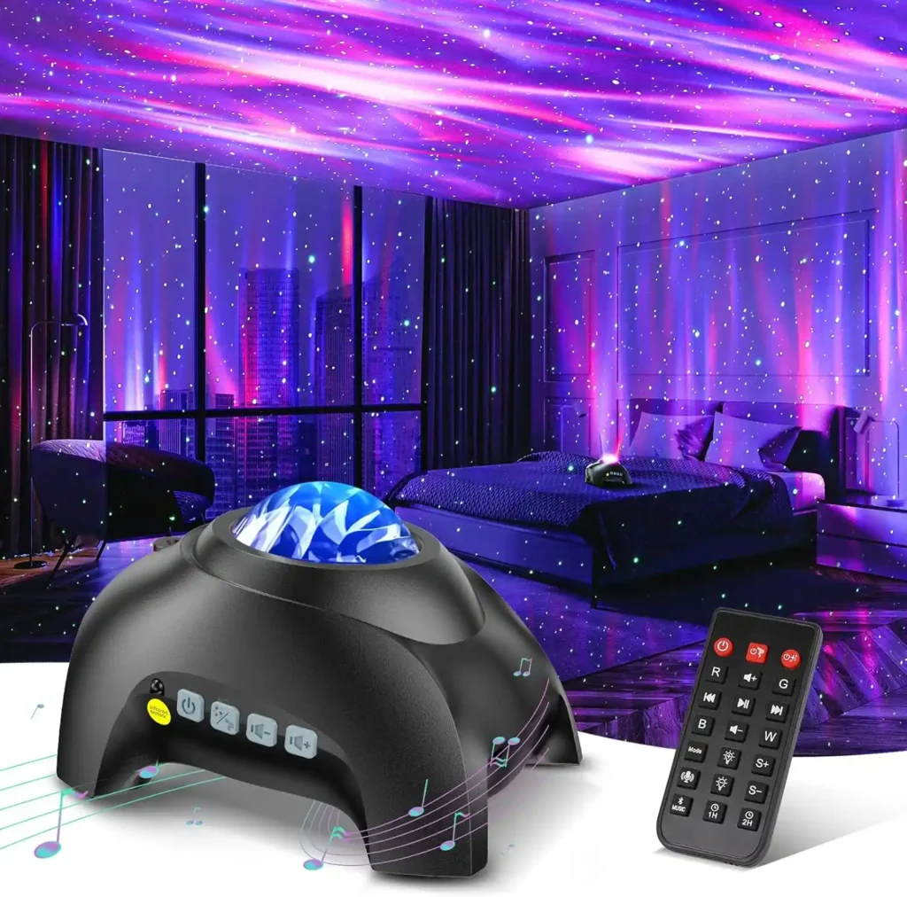 Black starry night projector with floating musical notes, remote control on the side, projecting purple stars across a room, perfect for creating a magical ambiance