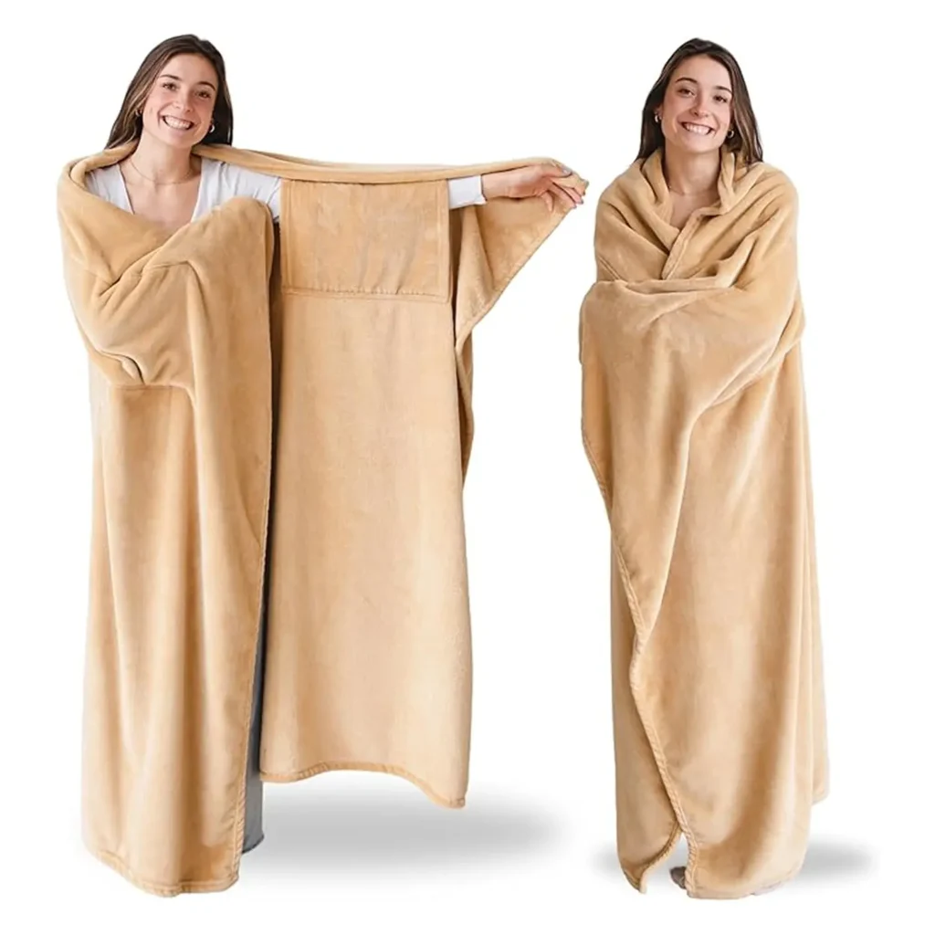 Young woman modeling a cozy blanket with sleeves in different poses, showing how it wraps around her comfortably and allows free movement, perfect for relaxing at home
