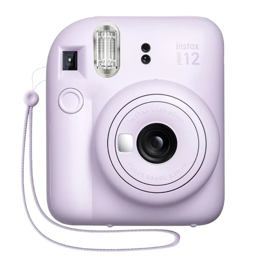 Delicate lavender Fuji instant camera that prints portable photos, perfect for capturing memories on the go and sharing instant prints with friends