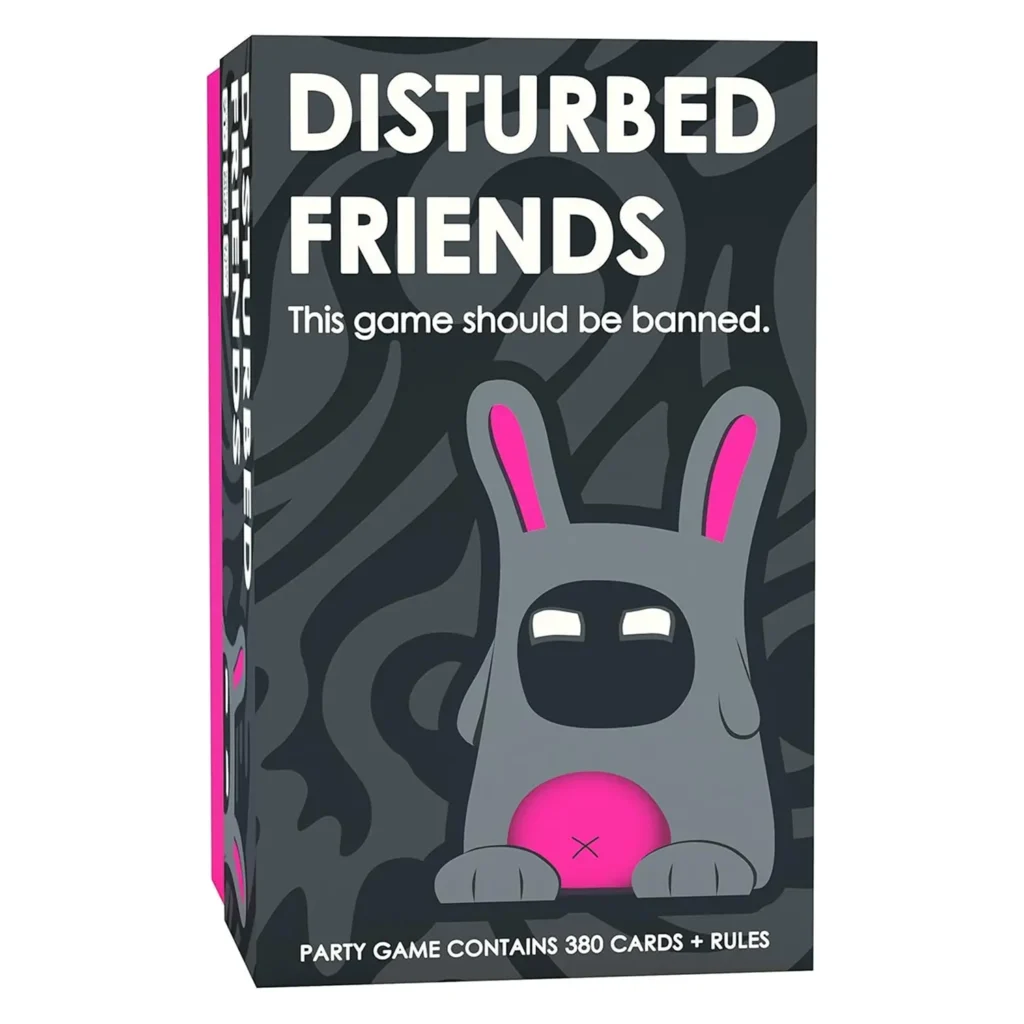 Gray tabletop card game box with a gray-pink bunny illustration labeled Disturbed Friends, perfect for game nights with friends