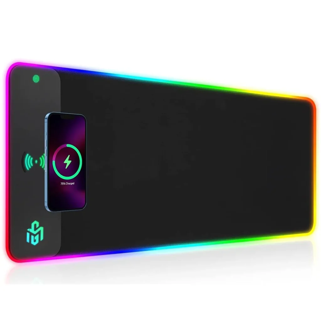 Black gaming mouse pad with RGB LED lighting and built-in wireless phone charger, shown with a smartphone on a white background, perfect for gaming setups and stylish desk organization.
