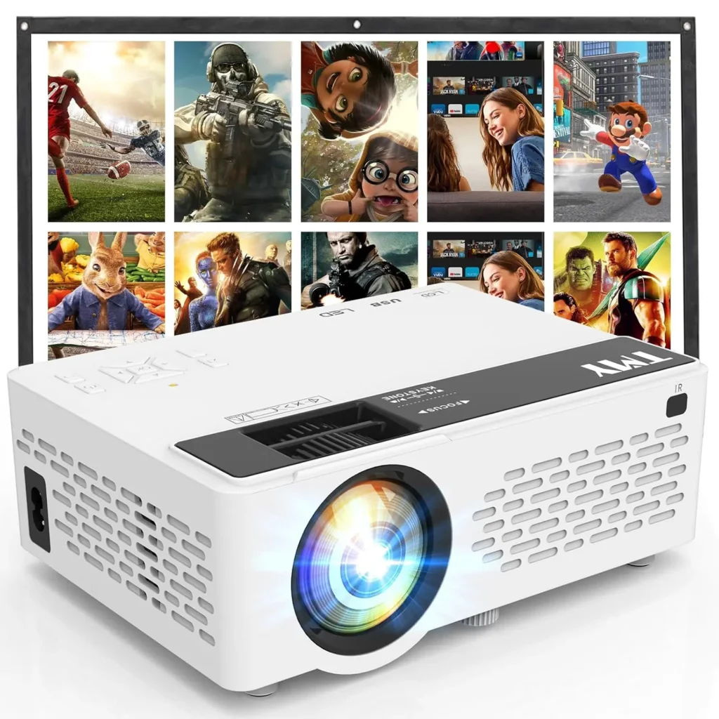 White mini home projector on a table, projecting a colorful movie and TV scene on the wall, perfect for cozy movie nights, binge-watching series, and home entertainment.