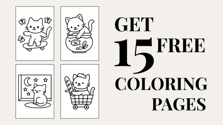 Four cute cat coloring page examples with the text “Get 15 free coloring pages.” Free printable coloring sheets designed for relaxation, stress relief, and easing anxiety