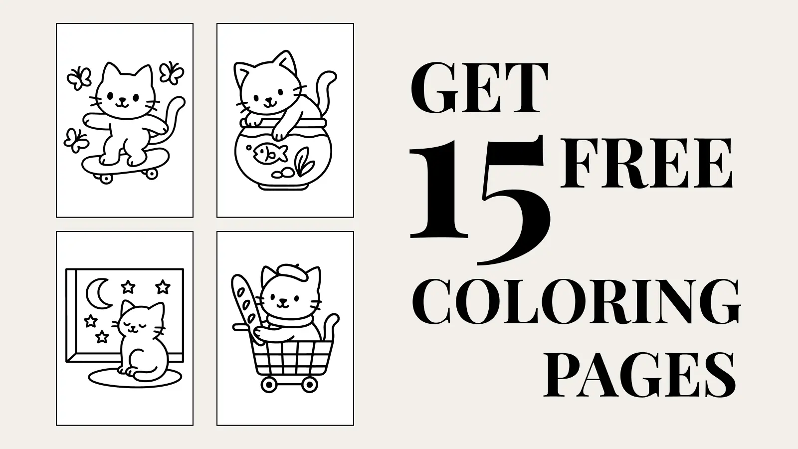 Four cute cat coloring page examples with the text “Get 15 free coloring pages.” Free printable coloring sheets designed for relaxation, stress relief, and easing anxiety