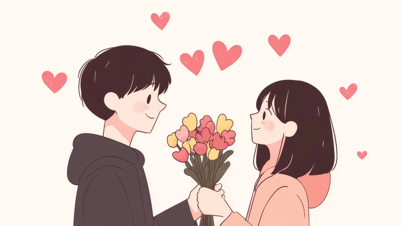 Stylish romantic couple illustration where a man gives flowers to a smiling woman with hearts floating around them