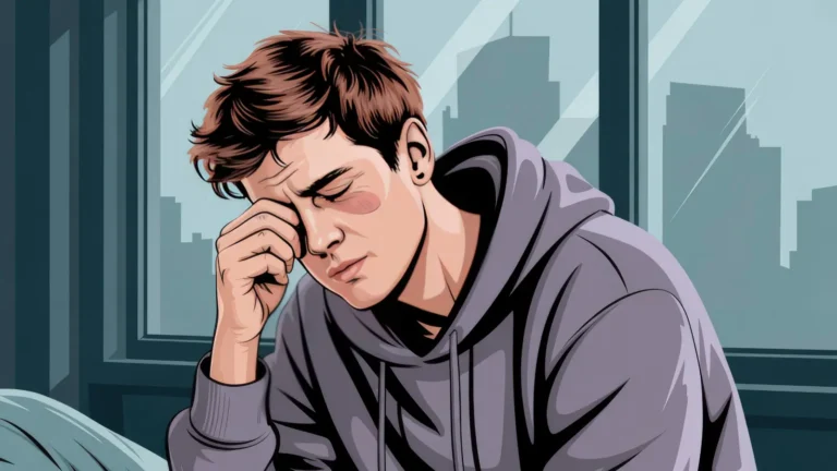 Emotional illustration of a young man sitting alone at night wearing a hoodie and crying, with city lights and buildings visible through the window in the background.