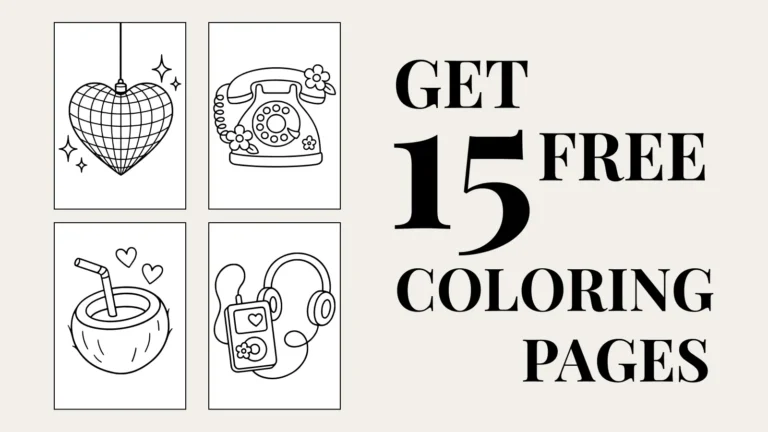 Download 15 free coloring pages, including a heart-shaped disco ball with stars, a vintage telephone with flowers, a coconut drink with hearts, and a music player with headphones decorated with a heart and flower.
