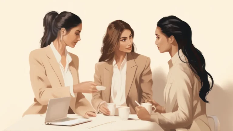 Illustration of three women sitting at a desk working together on laptops, modern stylish workspace, teamwork and creativity concept