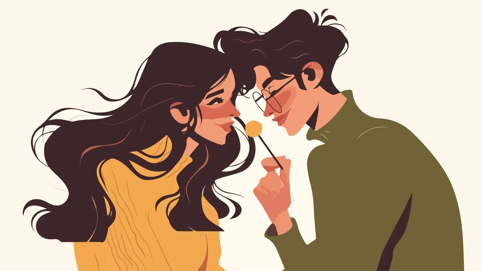 Illustration of a young man and woman flirting with each other, smiling and making playful eye contact, showing a lighthearted and romantic moment between them.