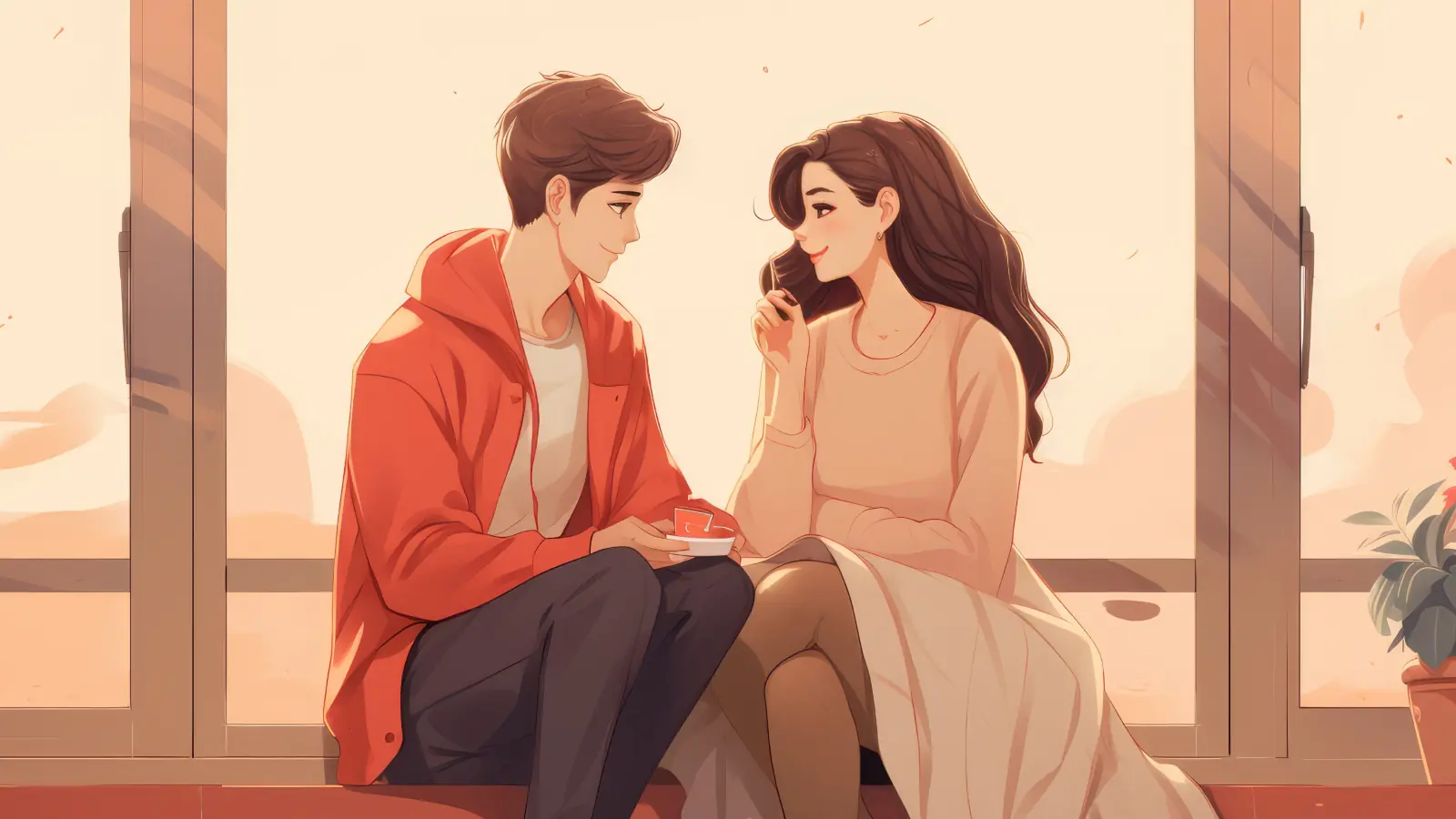 Illustration of a young couple sitting together on a hill at sunset, enjoying a peaceful, golden hour moment with warm sky hues in the background.