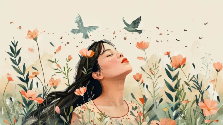 Illustration of two young women standing in a vibrant flower field with butterflies fluttering around, enjoying nature and sunshine.