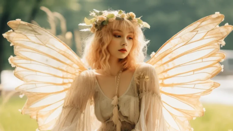 Enchanted fairy girl with delicate features and sparkling wings, standing gracefully in a dreamy mystical forest surrounded by soft light and magical atmosphere