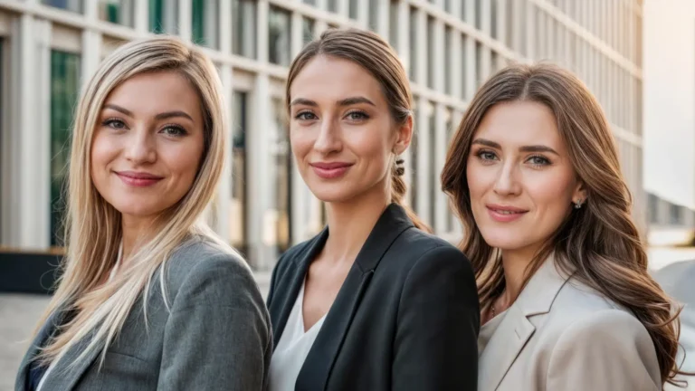 Three confident businesswomen working together, discussing strategy and ideas in a modern office setting, showcasing teamwork and professionalism.