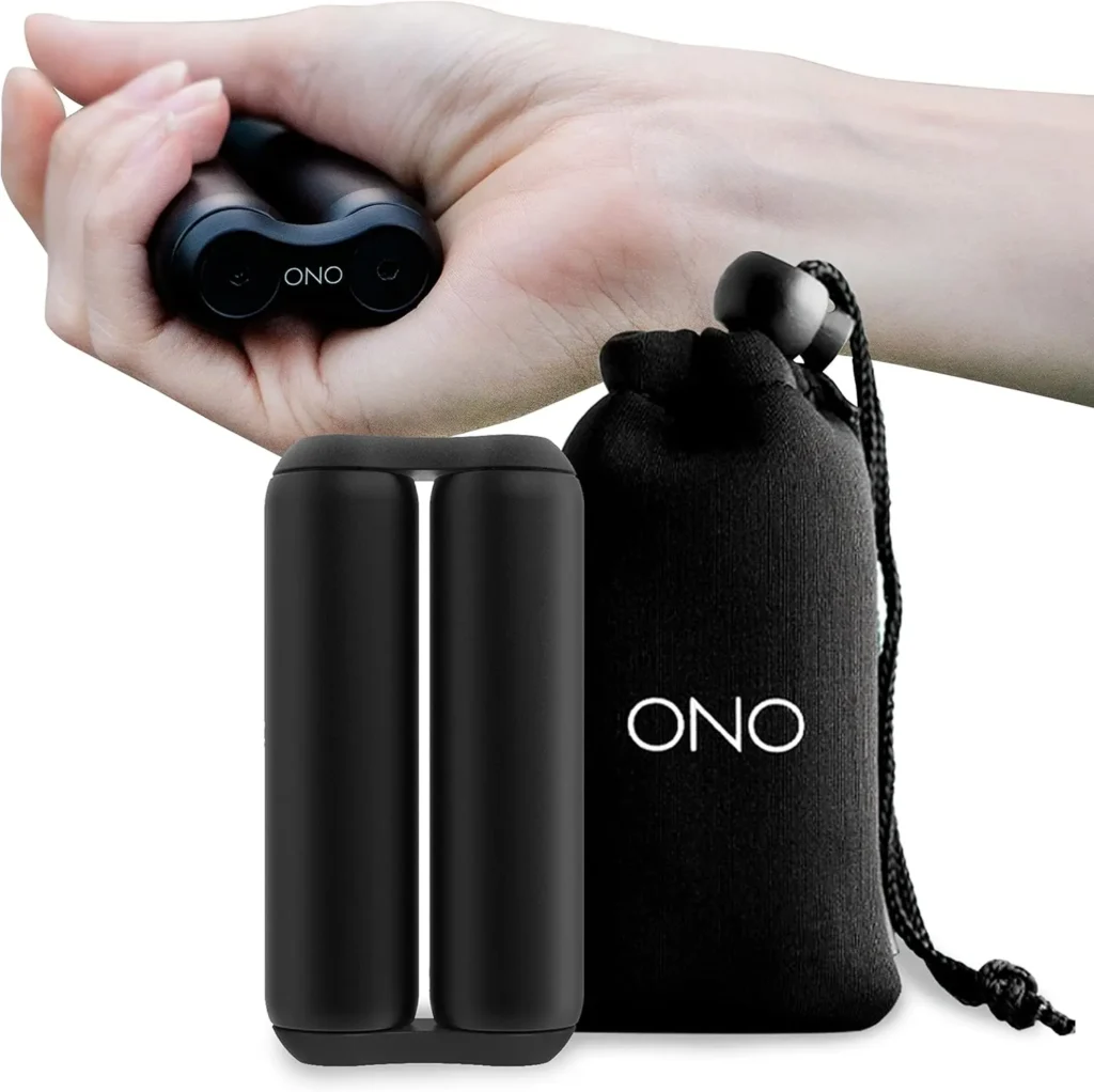 Black handheld stress relief fidget toy on a white background, shown in a carrying pouch and being held in hand, perfect for adults to reduce stress, improve focus, and keep hands busy.