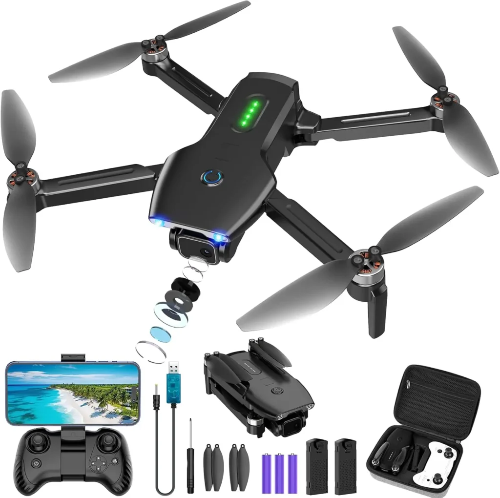 Black foldable mini drone on a white background, showing internal components and camera placement, perfect for beginners and hobbyists to capture aerial photos and videos.