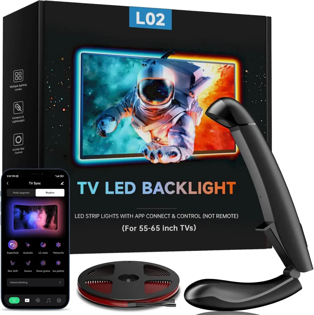 Smart LED TV backlight kit with black components, phone app interface, and connecting wires, designed to attach behind the TV and sync lighting with movies and shows for immersive home entertainment.