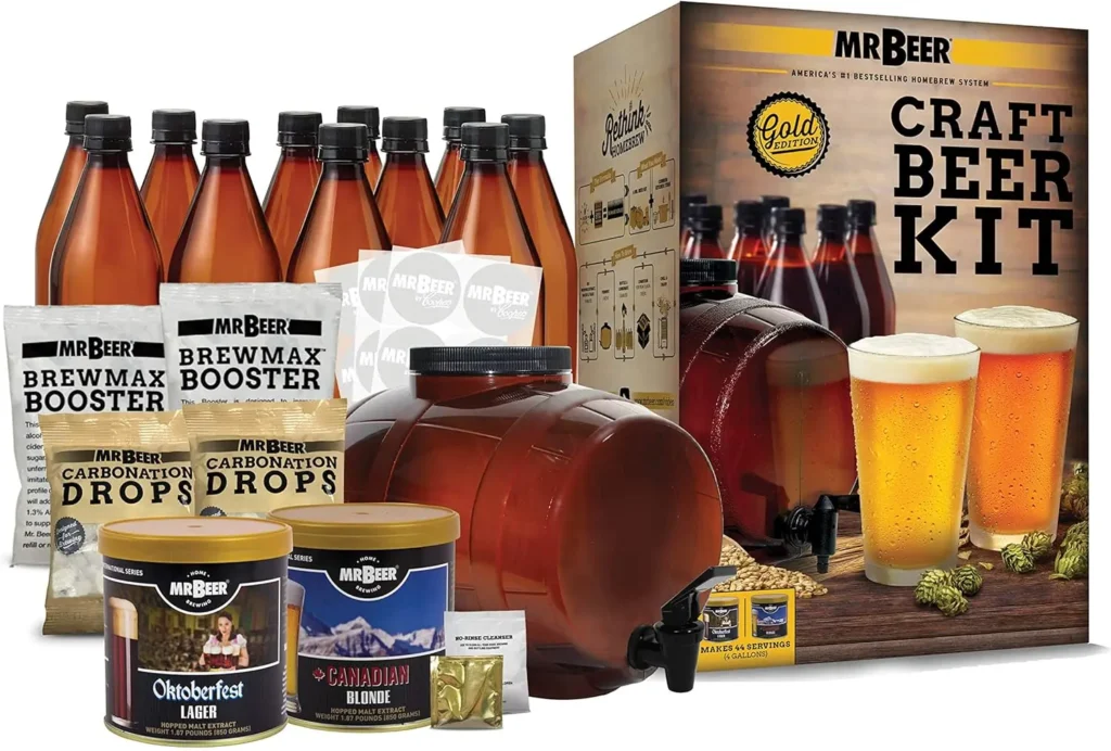 Home craft beer brewing kit on a white background with a large box, bottles, fermenter, and all included accessories, perfect for beginners or enthusiasts to brew their own beer at home.