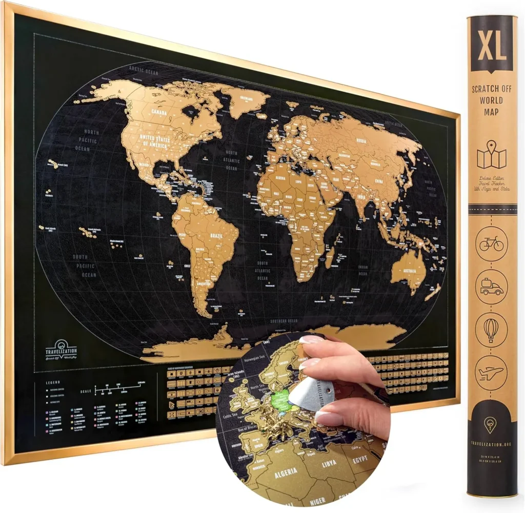 Black and gold scratch-off world map on a white background with packaging and a hand using a coin to scratch a visited country, perfect for travelers to track adventures and display as decorative wall art.
