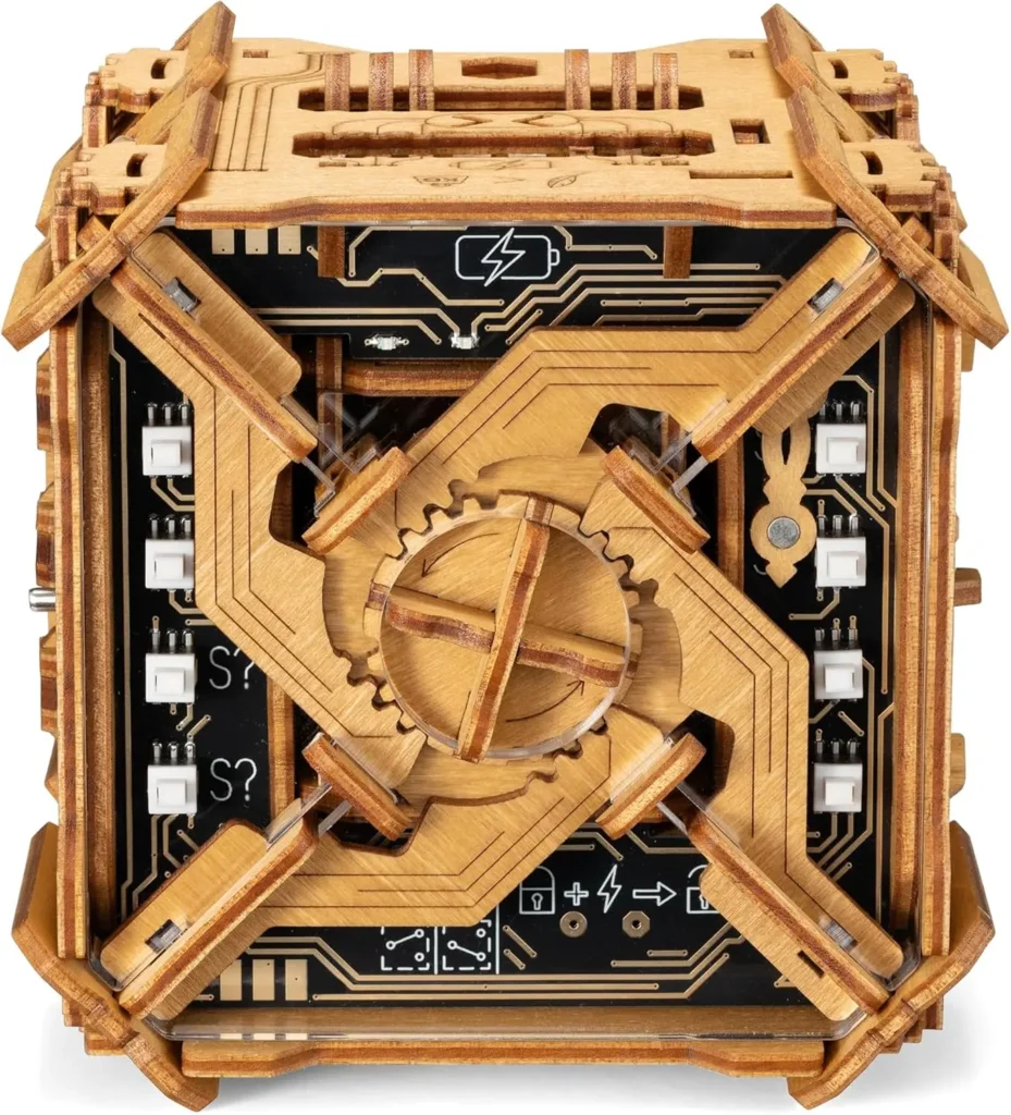 Wooden electronic puzzle box on a white background, designed as a challenging brain teaser for adults, perfect for entertainment, problem-solving, and enhancing critical thinking skills.