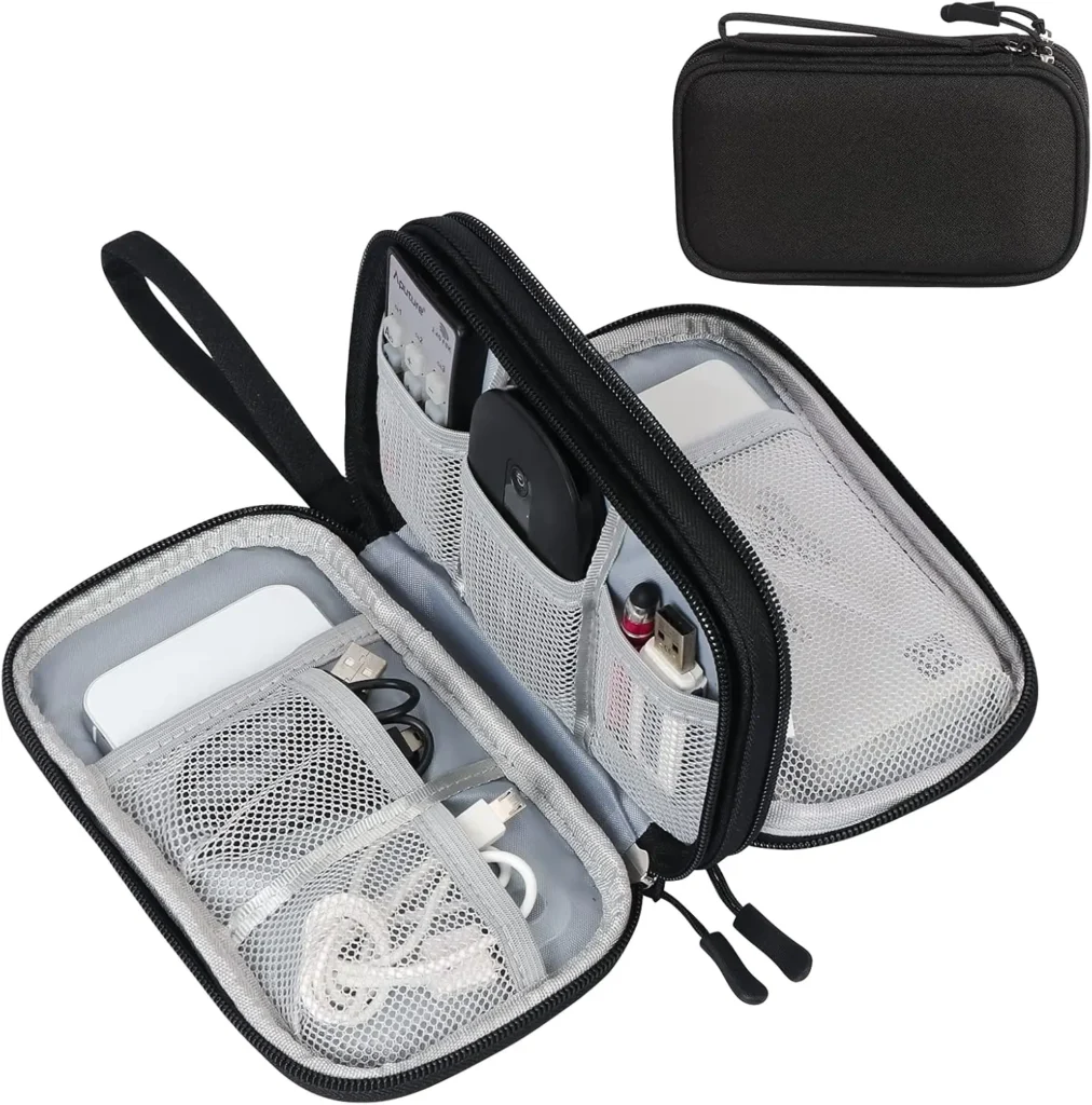 Black portable electronics organizer bag on a white background, designed to store cables, chargers, and small gadgets neatly, perfect for travel or daily use to keep accessories organized.
