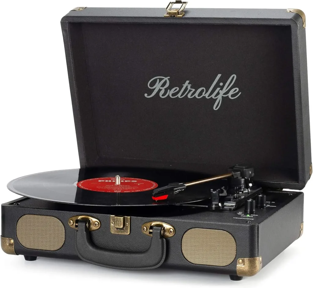 Black retro vinyl record player on a white background with a vinyl record spinning, perfect for enjoying classic analog sound and adding a stylish, nostalgic touch to any room.