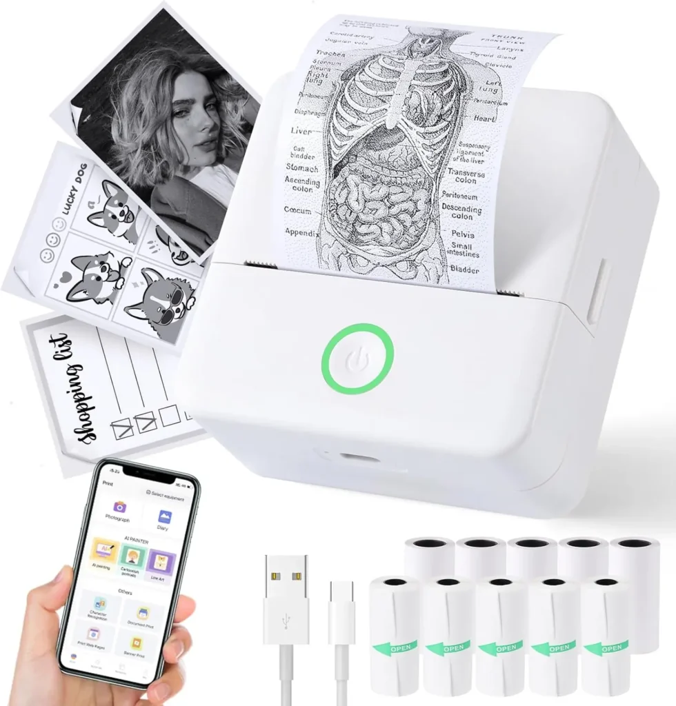 White mini photo printer on a white background with cables, cartridges, and a smartphone shown in hand, printing small photos instantly, perfect for on-the-go mobile photo printing and creative keepsakes.