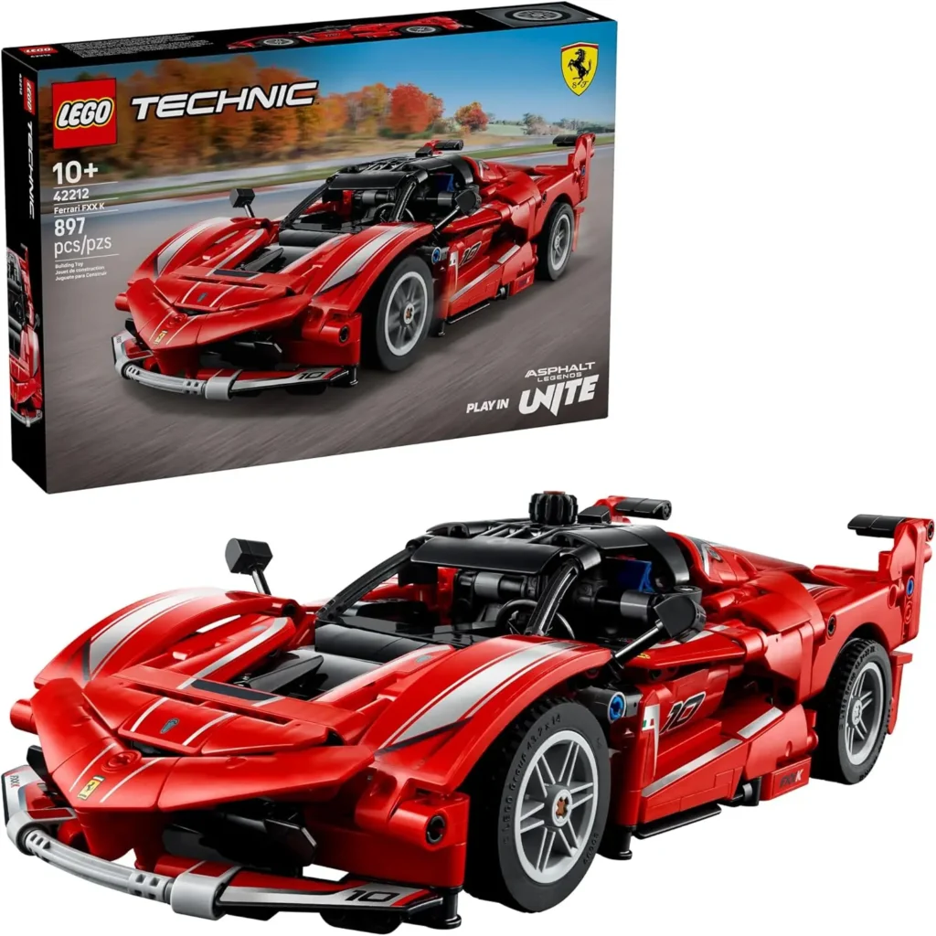  Red LEGO Technic Ferrari model car assembled on a white background with the set box shown on the side, perfect for adult LEGO enthusiasts and collectors who enjoy detailed, realistic builds.
