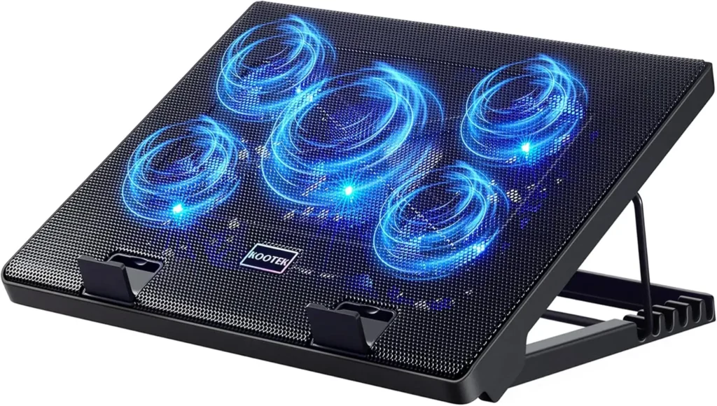 Black laptop stand on a white background with cooling fans illustrated by blue airflow graphics, adjustable for ergonomic use, perfect for keeping laptops cool during work or gaming sessions.
